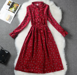 Corduroy High Elastic Waist Vintage Dress A-line Style