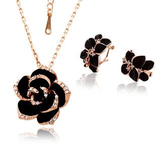 Fashion Rose Flower Enamel Jewelry Set Rose Gold Color Black Painting Bridal Jewelry Sets for Women Wedding 82606