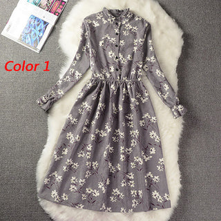 Corduroy High Elastic Waist Vintage Dress A-line Style Women Full Sleeve Flower Plaid Print Dresses Slim Spring Dress 25 Colors