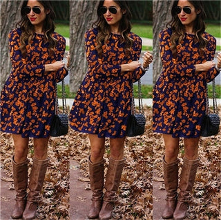 Women Long Sleeve Dress Floral Midi Dresses Elegant Vintage Vestidos Knee-Length Women Casual  Winter Plus Size Dresses S-5XL