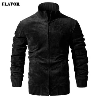 FLAVOR Men's Real Leather Jacket Men Pigskin Slim Fit Genuine Leather Coat With Rib Cuff Standing Collar